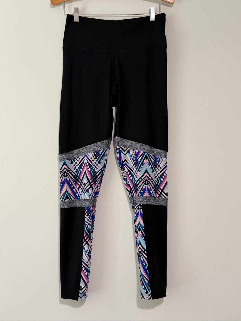 PINK Victoria's Secret Black Leggings with Pink, Blue & Purple Geo Panels